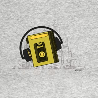 Retro  vintage 80s cassette player with headphones city view T-Shirt